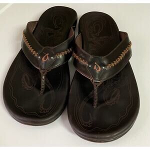 OluKai Mea Ola Men’s Leather Sandals Brown Thong Flip Flops Size 13 US 46 EU